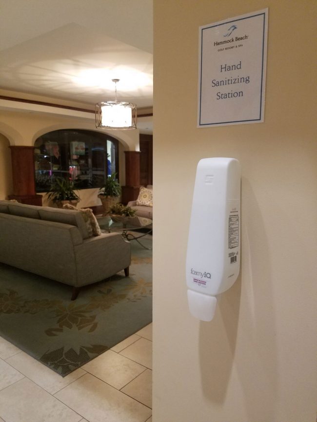 A hand-sanitizing station at the Hammock resort. (© FlaglerLive)