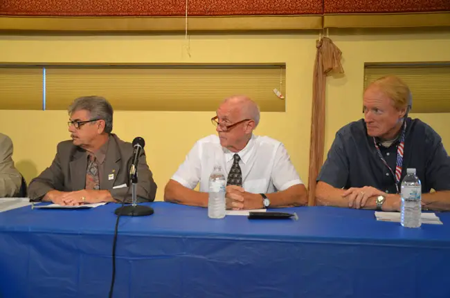Dennis McDonald, right, during a 2012 election panel, with then-Commissioner George Hanns, left, and Charlie Ericksen, who was a candidate at the time. Ericksen would also be the subject of a frvolous ethics complaint, as was Hanns, but the action against Ericksen wasn't filed by McDonald. (© FlaglerLive)