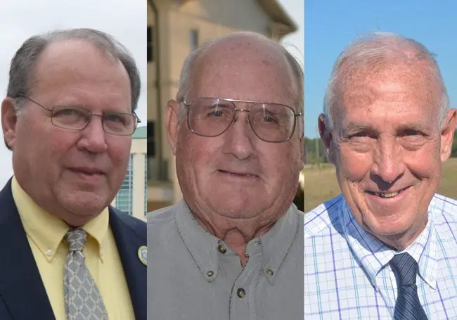 The three county commissioners who voted to ban medical marijuana dispensaries anywhere in unincorporated Flagler: from left, Greg Hansen, Dave Sullivan and Charlie Ericksen. (© FlaglerLive)