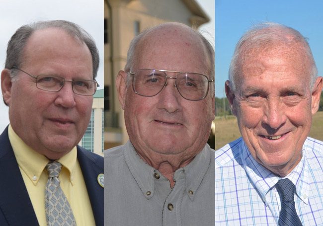 The three county commissioners who voted to ban medical marijuana dispensaries anywhere in unincorporated Flagler: from left, Greg Hansen, Dave Sullivan and Charlie Ericksen. (© FlaglerLive)