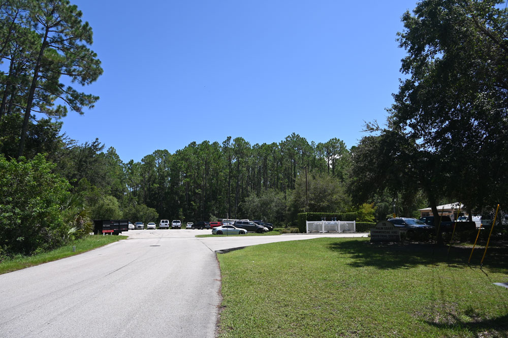 The Palm Coast Industrial and Commercial Center off Hargrove Lane is to the right. The edge of the 37 acres to be rezoned heavy industrial is around the cul de sac and beyond. (© FlaglerLive)