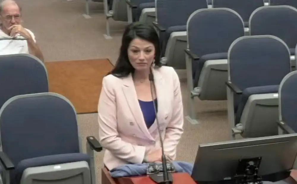 Heather Haywood, a Realtor and member of the Flagler County Planning Board, addressing the County Commission in November. Commissioner Greg Hansen said she "stood right there and lied" about him. (© FlaglerLive via Flagler County TV)