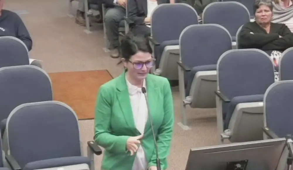 Heather Haywood had no apologies or conciliatory words for Greg Hanse or the Flagler County Commission Monday evening. To the contrary. (© FlaglerLive via Flagler County TV)