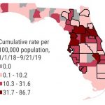 Counties that reported a hepatitis A case last week are outlined in black. Since January 1, 2018, 98% of cases have likely been acquired locally in Florida. (Department of Health)