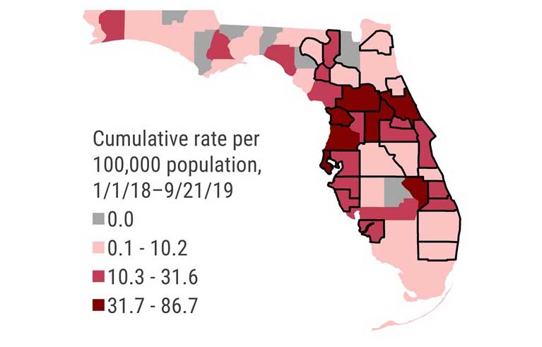 Counties that reported a hepatitis A case last week are outlined in black. Since January 1, 2018, 98% of cases have likely been acquired locally in Florida. (Department of Health)