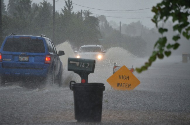 Bird of Paradise at 11 a.m. Saturday became more and more impassable by the minute as the latest downpour was pounding the B Section in Palm Coast. Click on the image for larger view. (© FlaglerLive)