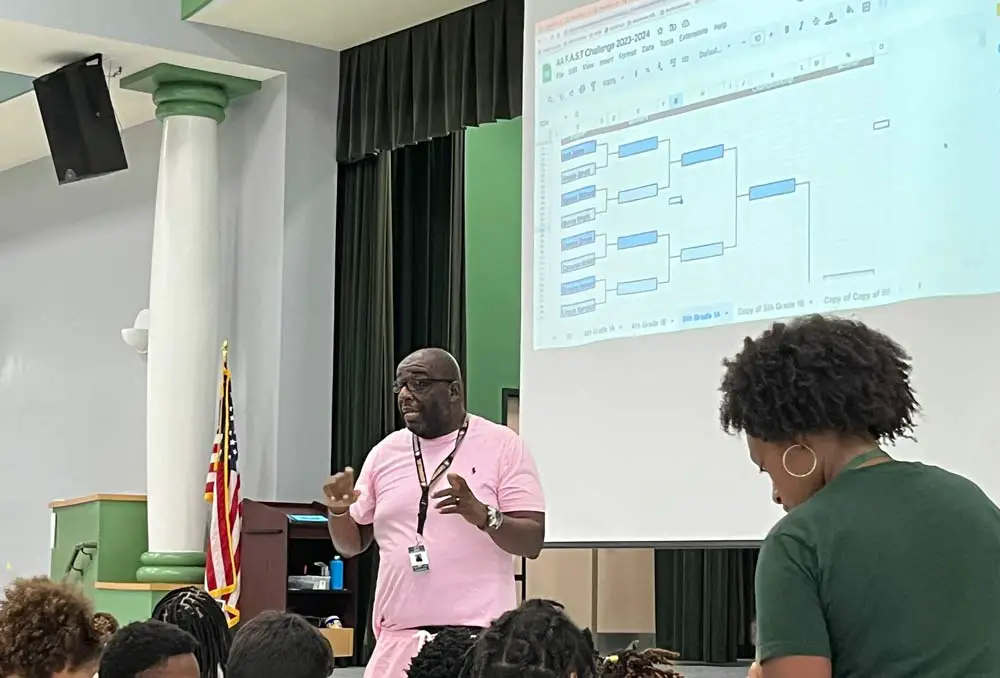 Bunnell Elementary's Black 4th and 5th graders on Friday were singled out in two assembles, told that if they didn't bring up their test scores, they could end up in jail, shot or dead, they were paired off to compete academically against each other, and the winners would get McDonald's and Chick-fil-A. Parents were never told. Donelle Evensen, the principal at Bunnell Elementary, posted the above picture on her Twitter (or X) feed the morning of Aug. 18, with the message: "Thank you to Mr. Hines, Ms. Steed, Mr. Gabriel for loving our students and challenging them to be their best self!!" The screen shows the bracketed competition that was to pair off students against each other. 