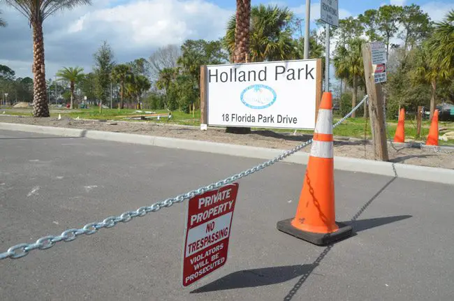 Holland Park will remain closed until April or May, according to city officials, a more-than year-long delay in the park's reconstruction. The city appears to have an erroneous idea of what constitutes private property: the park is still very much public property, and is being rebuilt with public dollars. (© FlaglerLive)