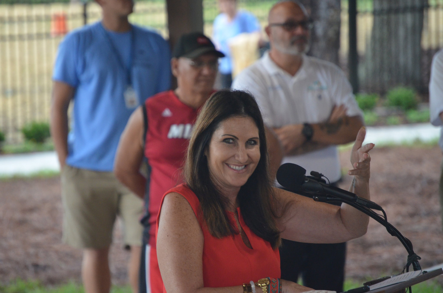 Palm Coast Mayor Milissa Holland at the commemorative re-opening of Holland Park last June. She will be the oanly main speaker at a $40-a-plate State of the City event at the remodeled city community center in April. (© FlaglerLive)