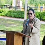 Milissa Holland in her last public appearance as mayor outside of a council meeting, on May 14, at the opening of the splash pad at the park named after her father. (© FlaglerLive)