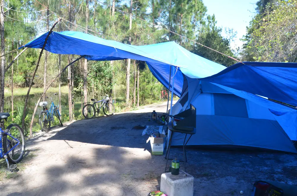 A tent in what used to be a homeless camp on county acreage near the Flagler County Public Library, until the homeless were driven out by the county in 2019. (© FlaglerLive)