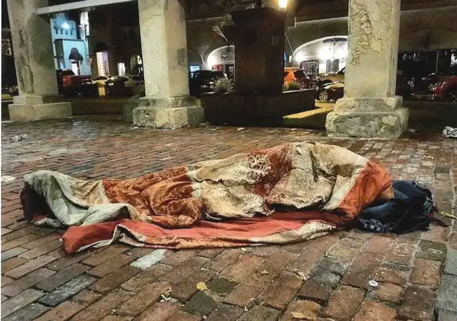 A homeless person in St. Augustine in an image, one of dozens, used to convince the St. Augustine City Council on Monday to pass a draconian anti-panhandling ordinance. The measure inspired Palm Coast City Council member Heidi Shipley to do likewise in the city, though the city manager rebuffed her.