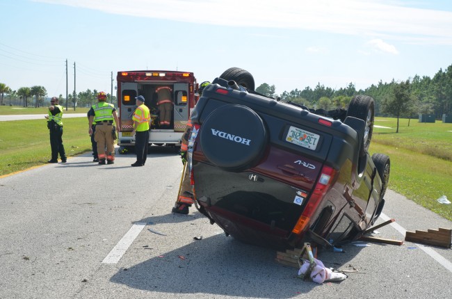 The Honda SUV was northbound on US1 before it flipped several times and ended up facing south, on the southbound lanes. Click on the image for larger view. (c FlaglerLive)