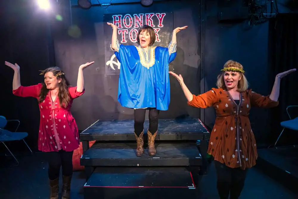 Three women pursue their dreams of country music stardom in City Repertory Theatre’s production of the jukebox musical “Honky Tonk Angels.” The play features, from left: Chelsea Jo Conard, Michele O’Neil and Robin Neill-Kitaif. (© Mike Kitaif)