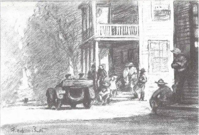 An illustration by Franklin Booth for Theodore Dreiser's "A Hoosier Holiday." The caption read: "Factoryville bids us farewell."