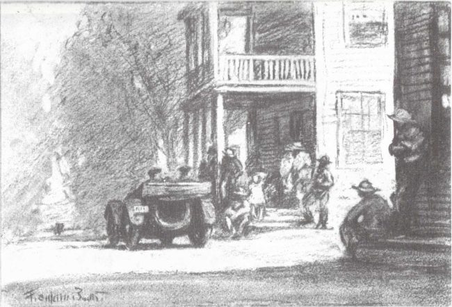 An illustration by Franklin Booth for Theodore Dreiser's "A Hoosier Holiday." The caption read: "Factoryville bids us farewell."