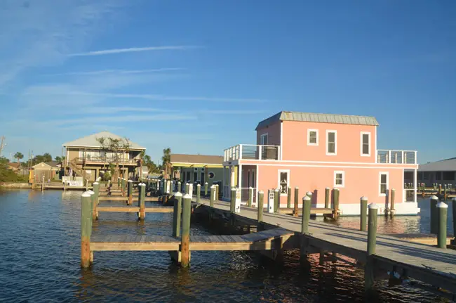 The only two finished house boats at Howard Sklar's marina on the Intracoastal. He wants 50 more. (© FlaglerLive)