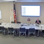 What board members attended in person Tuesday--Cheryl Massaro, Christy Chon, Will Furry--listen to Sally Hunt by phone as Hunt speaks of her security concerns at workshops. (© FlaglerLive via Flagler Schools Youtube)