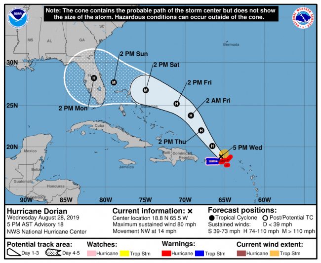 Hurricane Dorian's path took a slight turn south in the Wednesday, 5 p.m. update from the National Hurricane Center, but remains at a Category 3 strength, and a cone of uncertainty of 200 miles.