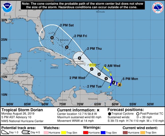 Tropical Storm Dorian's path as of 5 p.m. Monday. Click on the image for larger view. (NOAA)