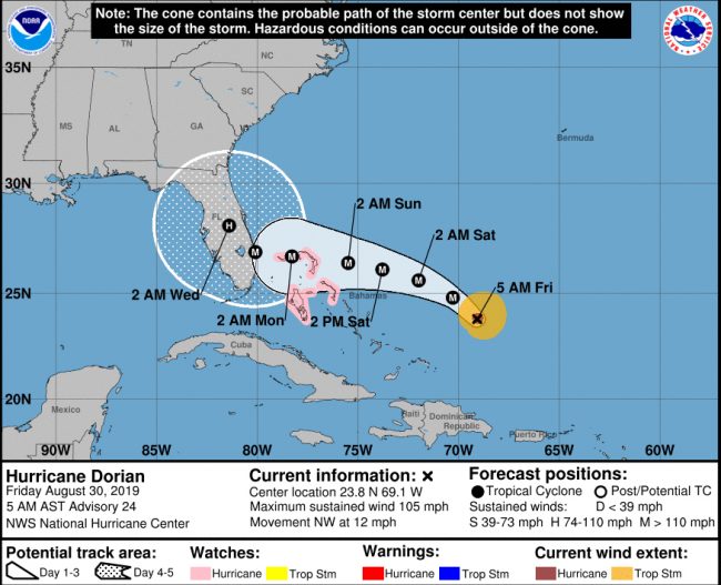 Hurricane Dorian's path as of Friday morning sees landfall in south Florida, then a sharp northerly turn.