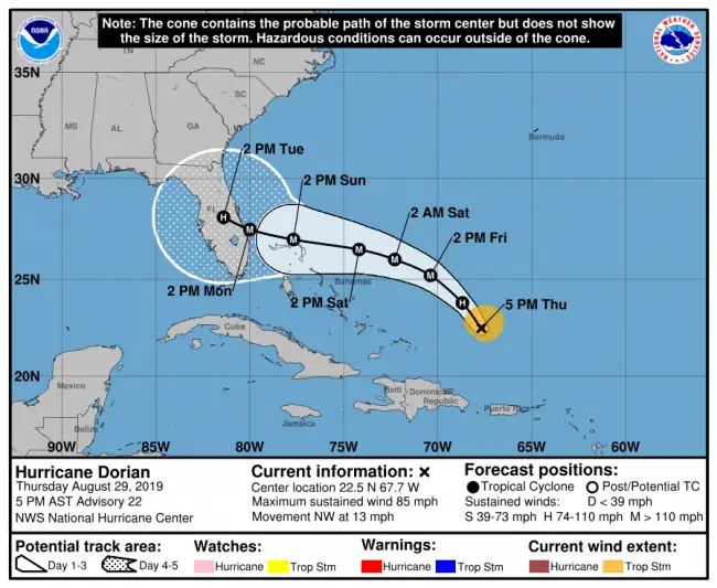 Hurricane Dorian's projected path has continued to edge slightly southward since Wednesday, and is now expected to make landfall a bit later than initially projected.