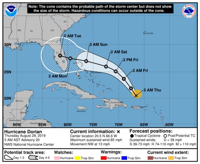 Hurricane Dorian is taking a more southerly path according to the National Hurricane Center's 5 a.m. forecast Thursday, with still too much uncertainty in the forecast.