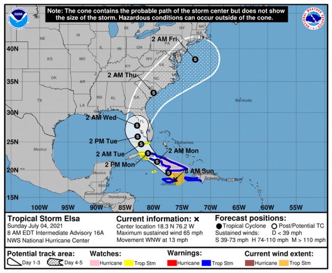 Tropical Storm Elsa is headed for Northeast Florida by the middle of the week, according to the latest forecast. (NHC)