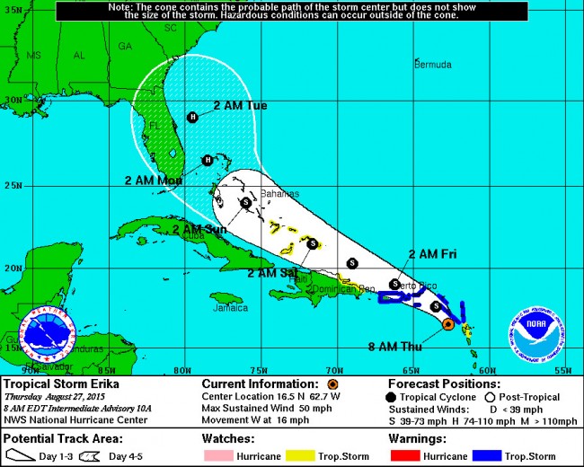 Tropical Storm Erika is projected to become a hurricane by Monday, but its path, previously targeting the Florida coast, is now edging eastward. That could, of course, still change. Click on the image for larger view. 