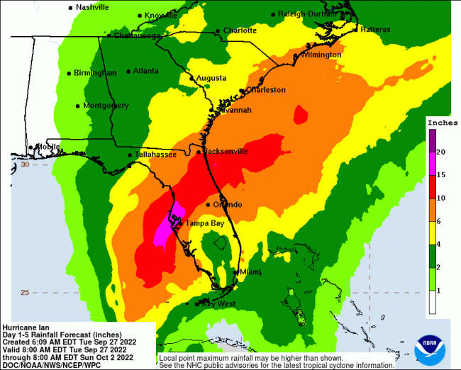The flooding rain probability has local officials especially concerned. The graphic above shows accumulations over the five days of Hurricane Ian's path through Florida. 