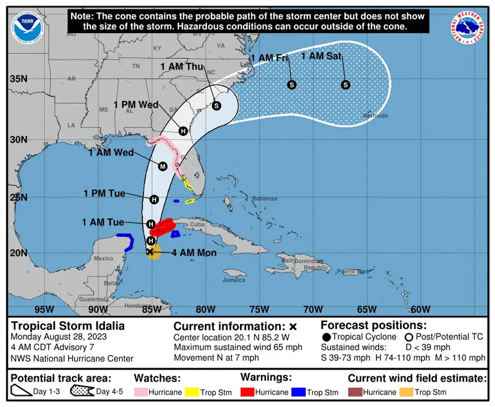 Tropical Storm Idalia as of 4 a.m. today, when it was churning at 65 miles per hour, just short of hurricane force. It was expected to become a hurricane within hours. (National Hurricane Center)
