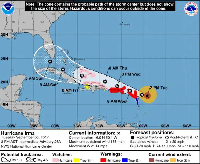 Hurricane Irma's track as of 2 p.m. Tuesday, Sept. 5. Click on the image for larger view. 