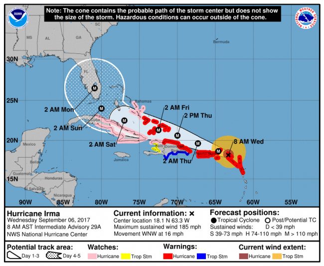 Hurricane Irma’s track as of 8 a.m. Wednesday, Sept. 6. Click on the image for larger view.