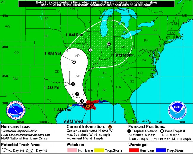 Hurricane Isaac as of 8 a.m. Wednesday, Aug. 29. Click on the image for larger view. 