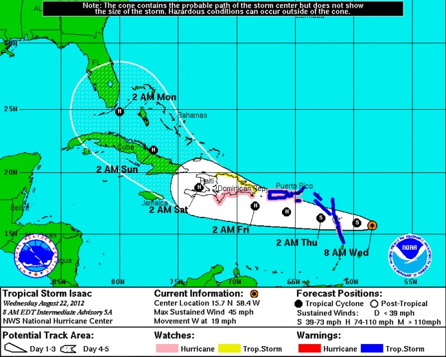 Click on the map for Tropical Storm/Hurricane Isaac's path. 