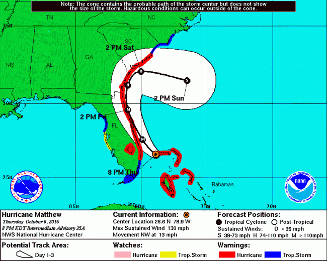 Hurricane Matthew's three-day track as of Thursday evening at 8 p.m. showed little hope that it would unmoor itself from Flagler's coast. Click on the image for larger view. 