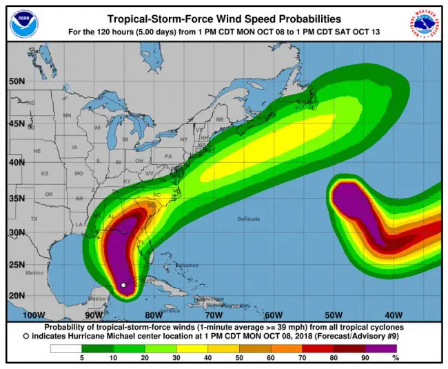 Hurricane Michael's expected wind path as of 5 p.m. Monday. (NOAA)