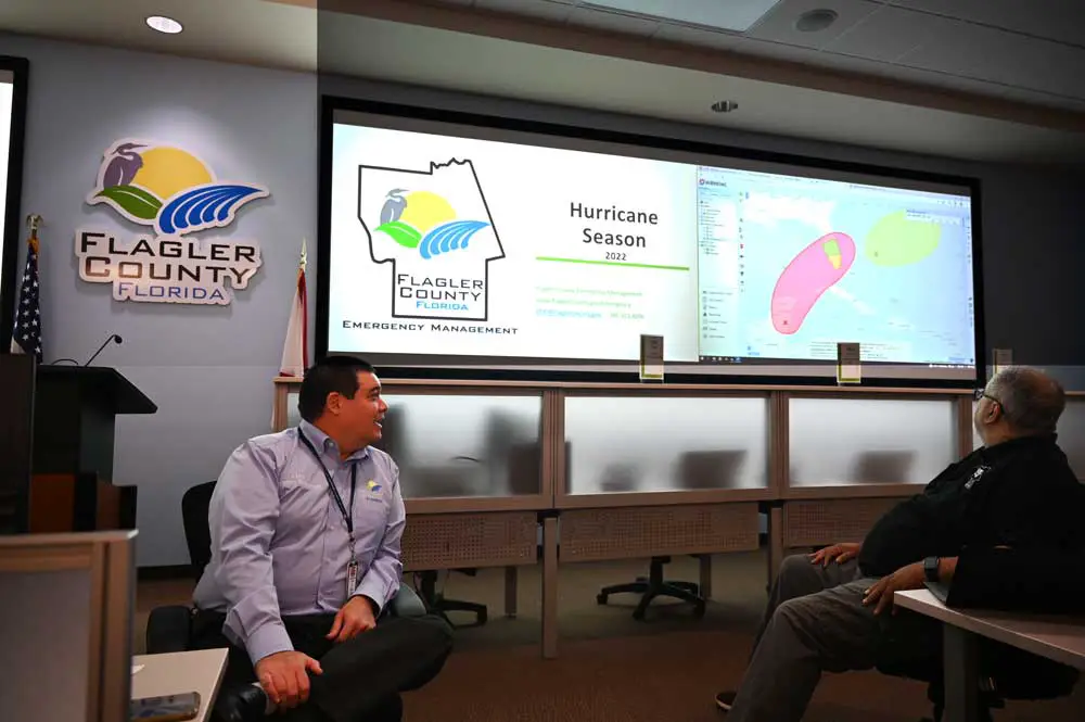 Flagler County Emergency Management Chief Jonathan Lord discussing the 2022 hurrricane season, which began today, as a tropical system that may turn into the season's first named storm loomed over the Guld of Mexico. (© FlaglerLive)