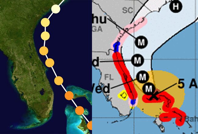 Hurricane Matthew's actual grack in October 2016, left, compared to Hurricane Dorian's expected track today and Wednesday.