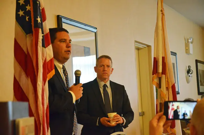 Sen. Travis Hutson, left, and Rep. Paul Renner at this morning's Common Ground breakfast organized by the Flagler County Chamber of Commerce. (© FlaglerLive)