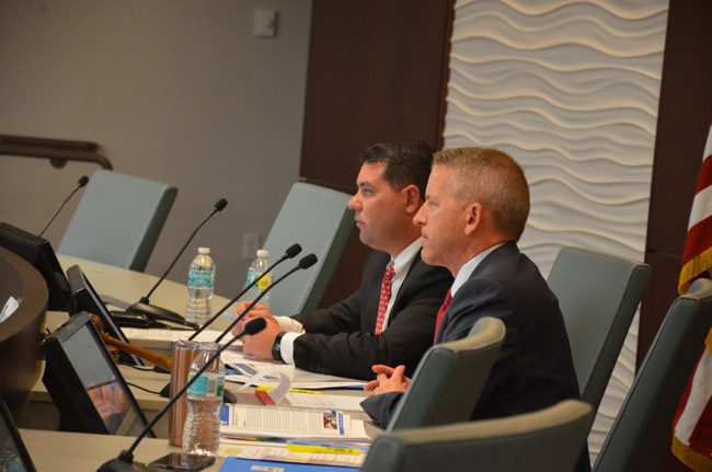 Sen. Travis Hutson, left, and Rep. Paul Renner, both Republicans, at last year's legislative delegation meeting in Flagler, held at Palm Coast City Hall. (© FlaglerLive)