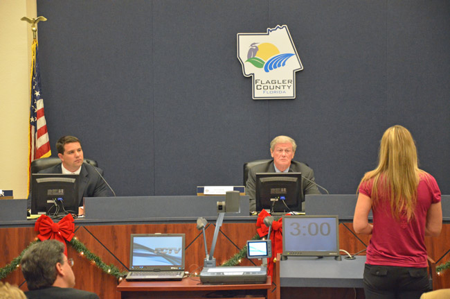 Travis Hutson, left, and John Thrasher, now the sum total of Flagler County's legislative delegation, listened to almost two hours of direct lobbying and appeal from local leaders and residents, but distanced themselves from the evening's most contentious issue: vacation rentals. (© FlaglerLive) 