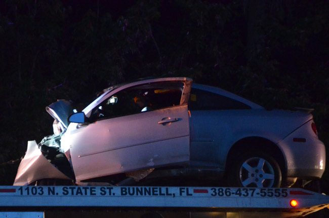 The driver of the Chevy Cobalt took the wrong ramp and drove north on I-95's southbound lanes briefly before a head-on collision with a driver going south. (© FlaglerLive)