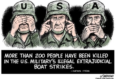 Strikes on boats allegedly smuggling drugs by Paul Duginski, CagleCartoons.com