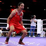 Algerian boxer Imane Khelif celebrates her victory in the women’s boxing 66-kilogram quarterfinal match at the Paris Olympics on Aug. 3, 2024.