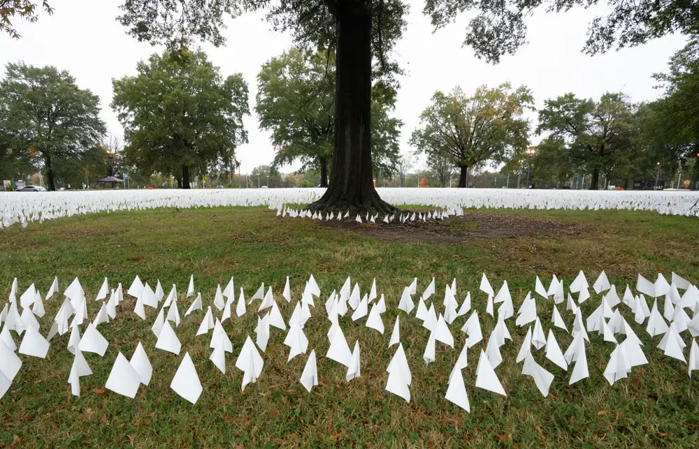 An estimated 240,000 flags were planted on the DC Armory Parade Ground in front of RFK Stadium during a two-week participatory exhibition by  Suzanne Brennan Firstenberg. Flags were to be added daily as the death count rises.