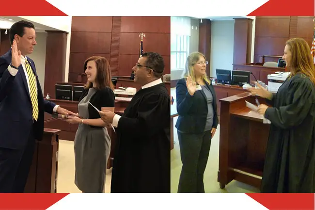 Tom Bexley, left, was sworn-in as Clerk of Court by Circuit Judge Raul Zambrano, with Bexley's wife, Stacy, holding the Bible. At right. County Judge Melissa Moore-Stens swore-in Elections Supervisor Kaiti Lenhart. (Images contributed by the constitutional officers.)