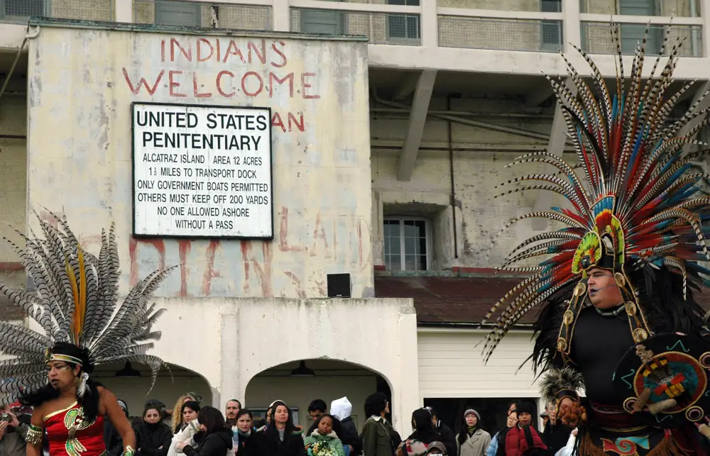 The Teo Kali, an Aztec cultural group, participates in a sunrise “Unthanksgiving Day” ceremony with Native Americans on Nov. 24, 2005, on Alcatraz Island. 