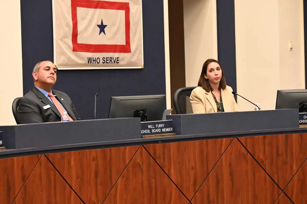 Will Furry and Christy Chong, memories of their own recent behavior apparently short-circuited, voted to censure School Board Chair Cheryl Massaro Tuesday evening. They did not get a majority. (© FlaglerLive)