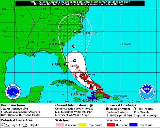 On Tuesday monrning, Irene's path appeared to be veering further east, which was good news for Florida, bad news for North Carolina.